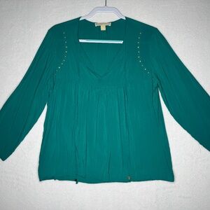 Michael Michael Kors Blouse M Teal Emerald Boho Gold Studded‎ Long Sleeve Top